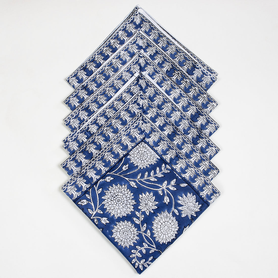 Blue Floral Cotton Block Print Reusable Table Napkins