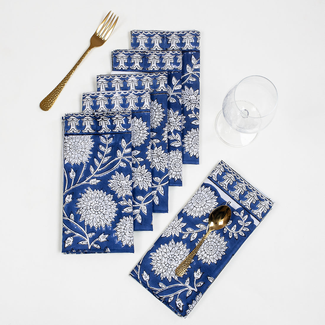 Blue Floral Cotton Block Print Reusable Table Napkins
