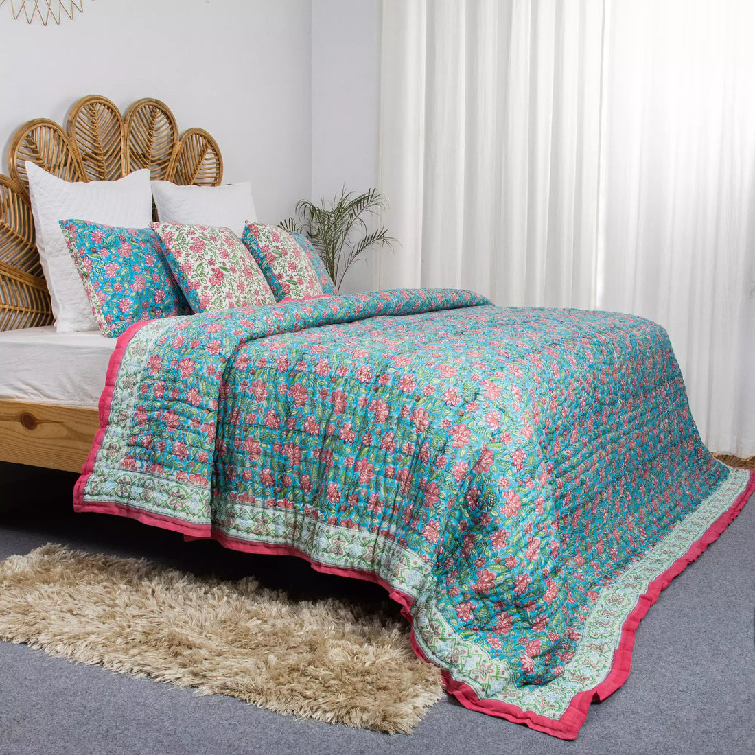 Blue Floral Cotton Hand Block Printed Reversible Jaipuri Razai
