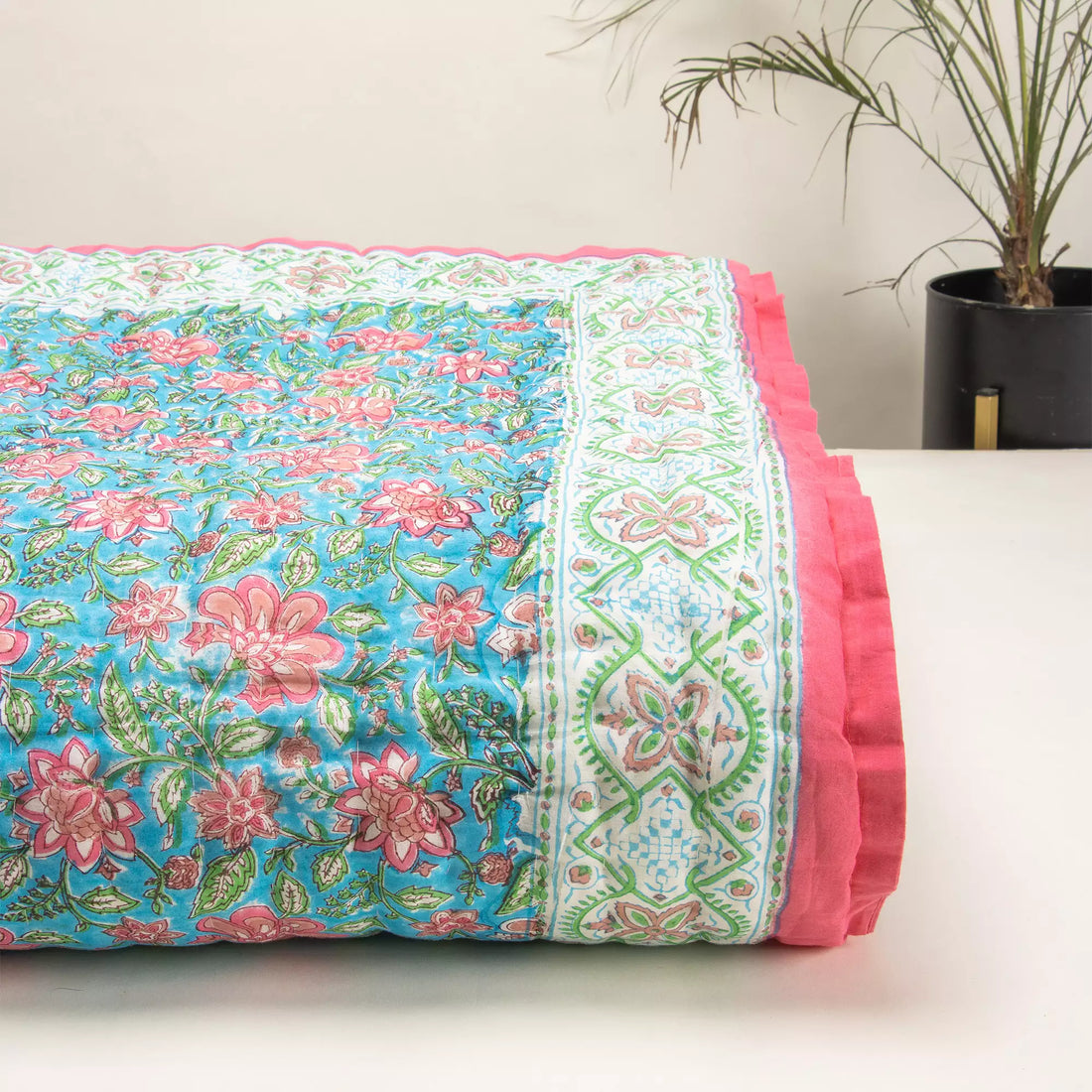 Blue Floral Cotton Hand Block Printed Reversible Jaipuri Razai