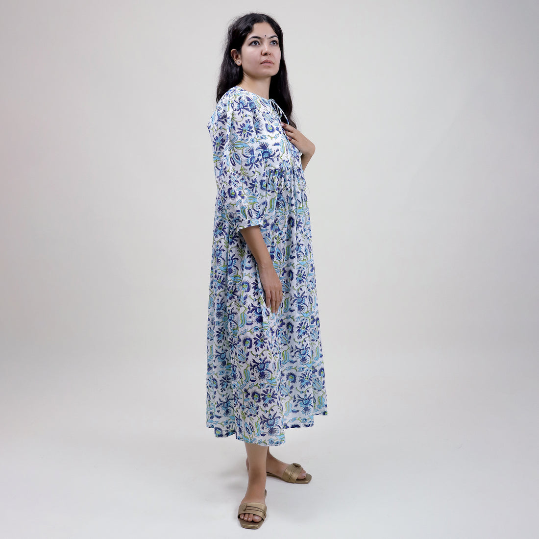 Blue Floral Cotton Midi Dress For Summer