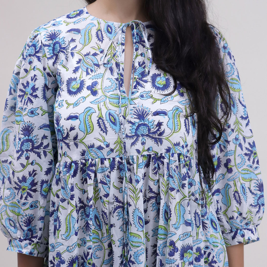 Blue Floral Cotton Midi Dress For Summer