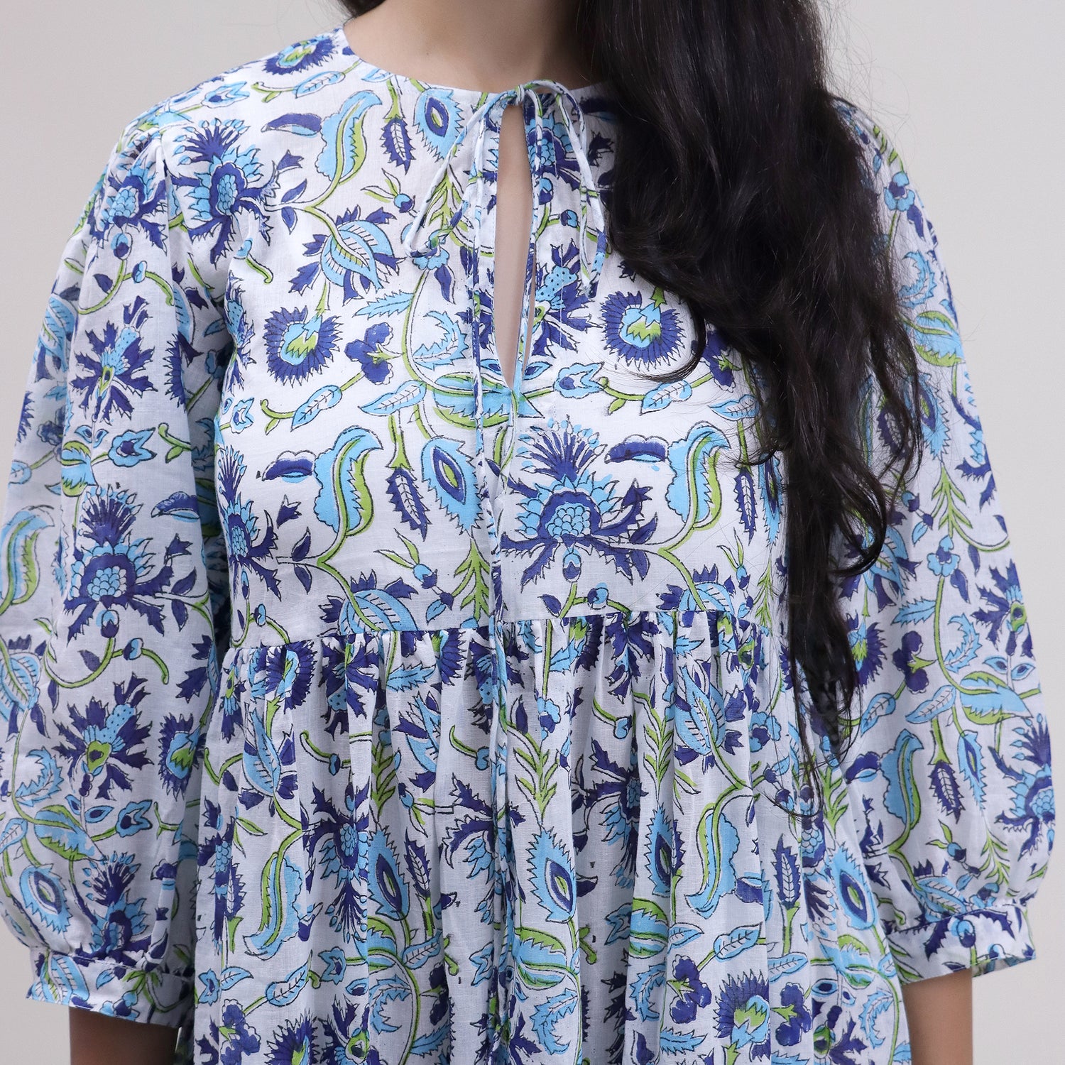 Blue Floral Cotton Midi Dress For Summer