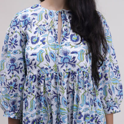 Blue Floral Cotton Midi Dress For Summer