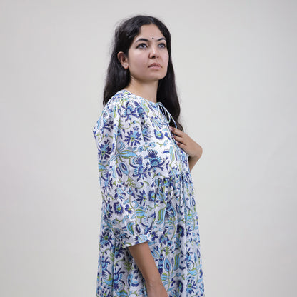 Blue Floral Cotton Midi Dress For Summer