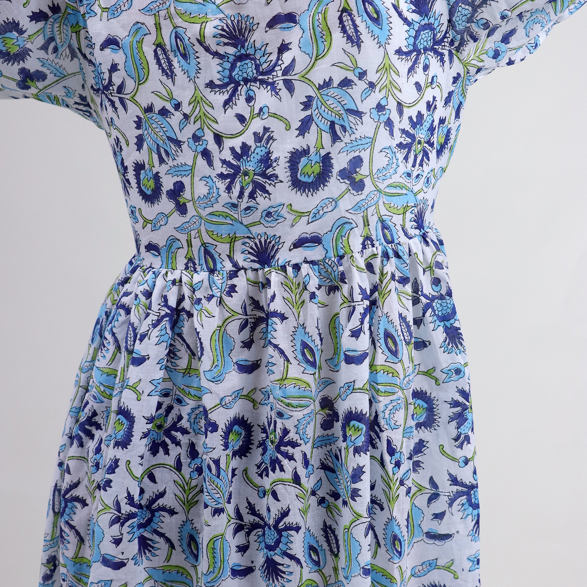 Blue Floral Cotton Midi Dress For Summer
