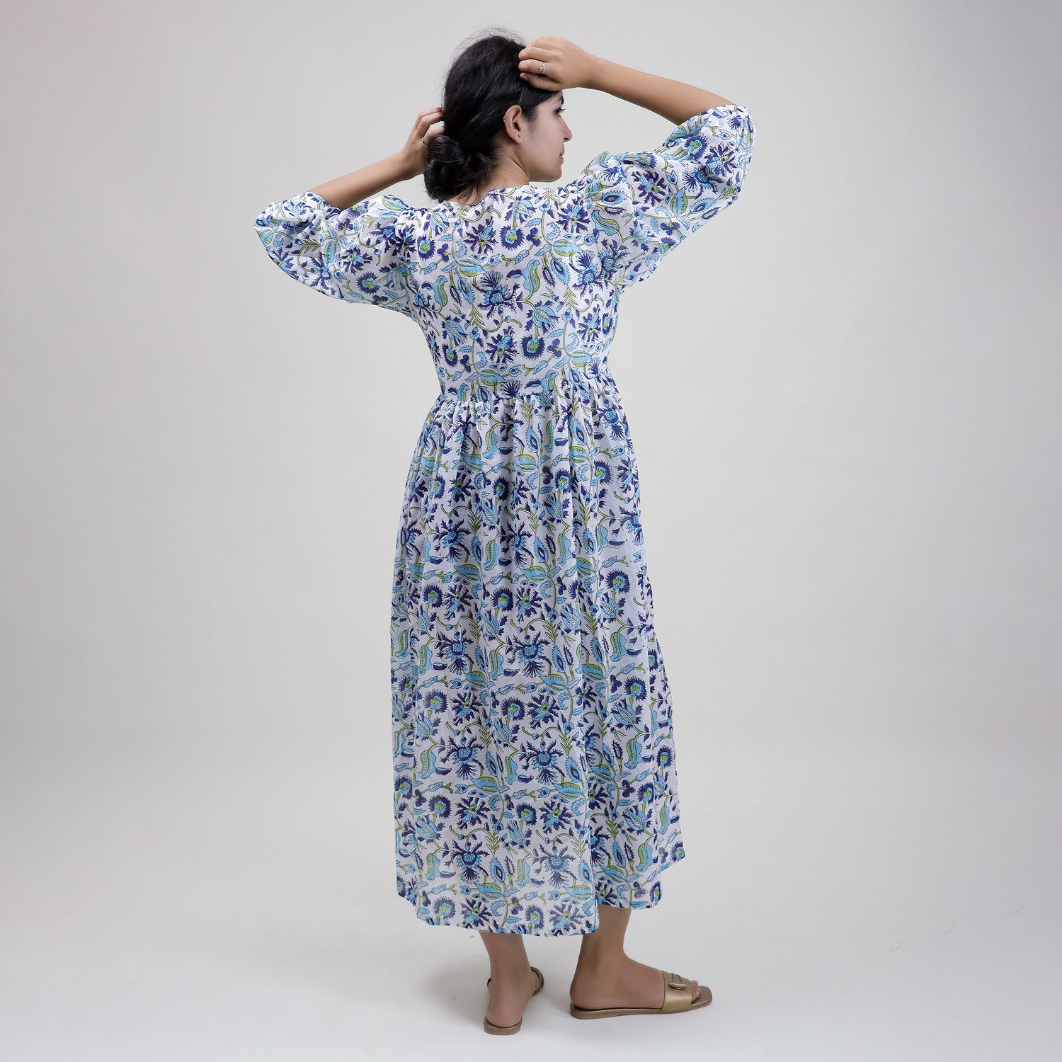 Blue Floral Cotton Midi Dress For Summer