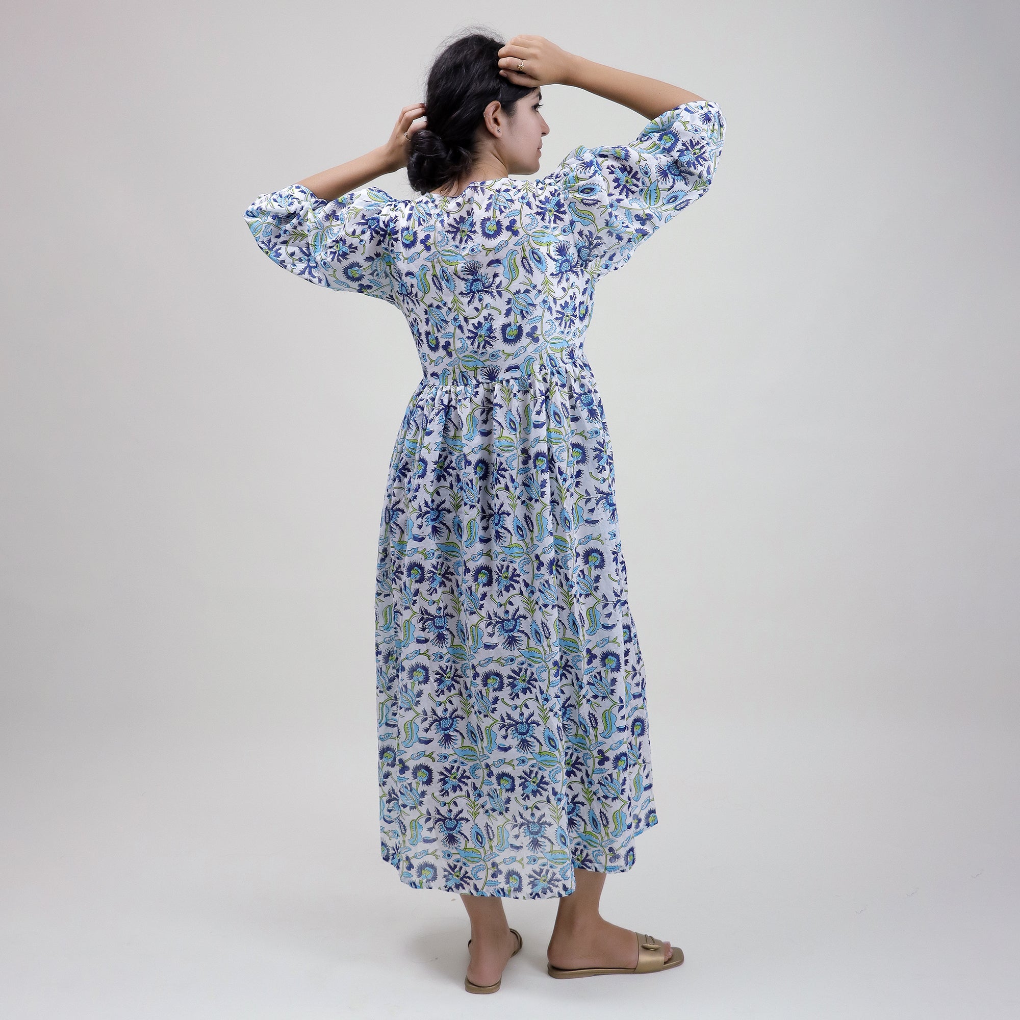 Blue Floral Cotton Midi Dress For Summer