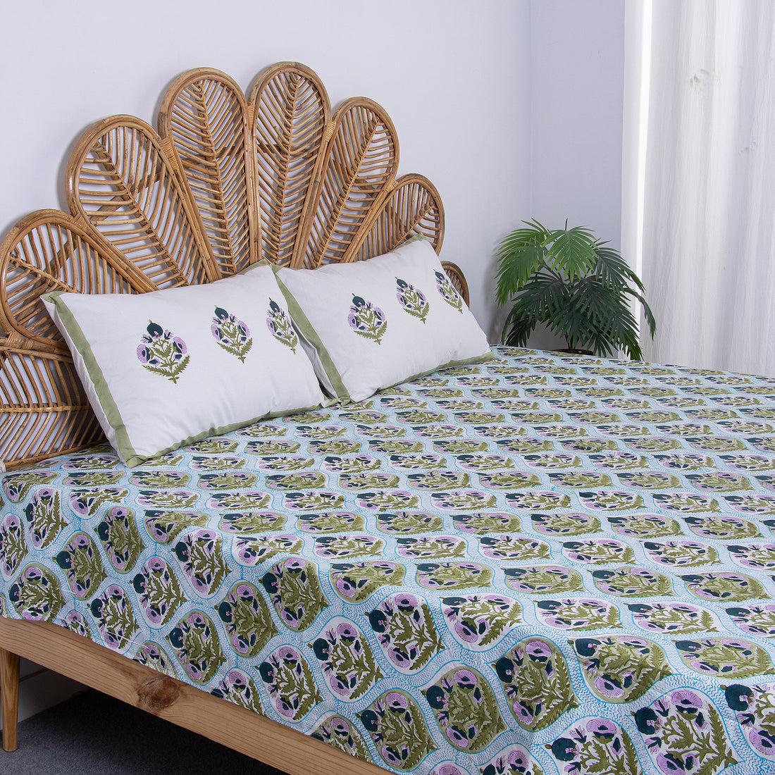Blue Floral Hand Block Print Cototn Light Weighted Bedsheet