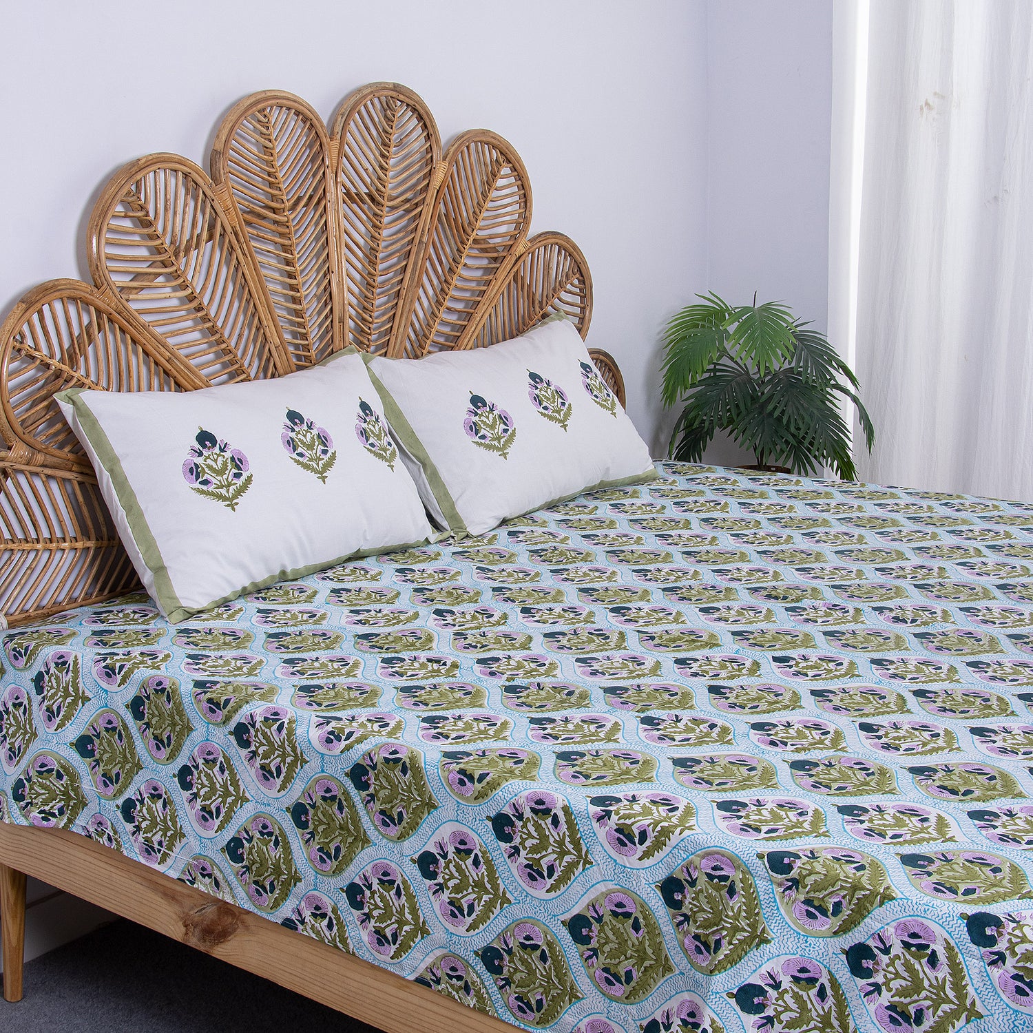 Blue Floral Hand Block Print Cototn Light Weighted Bedsheet