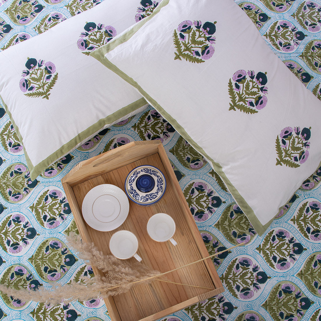 Blue Floral Hand Block Print Cototn Light Weighted Bedsheet