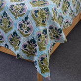 Blue Floral Hand Block Print Cototn Light Weighted Bedsheet