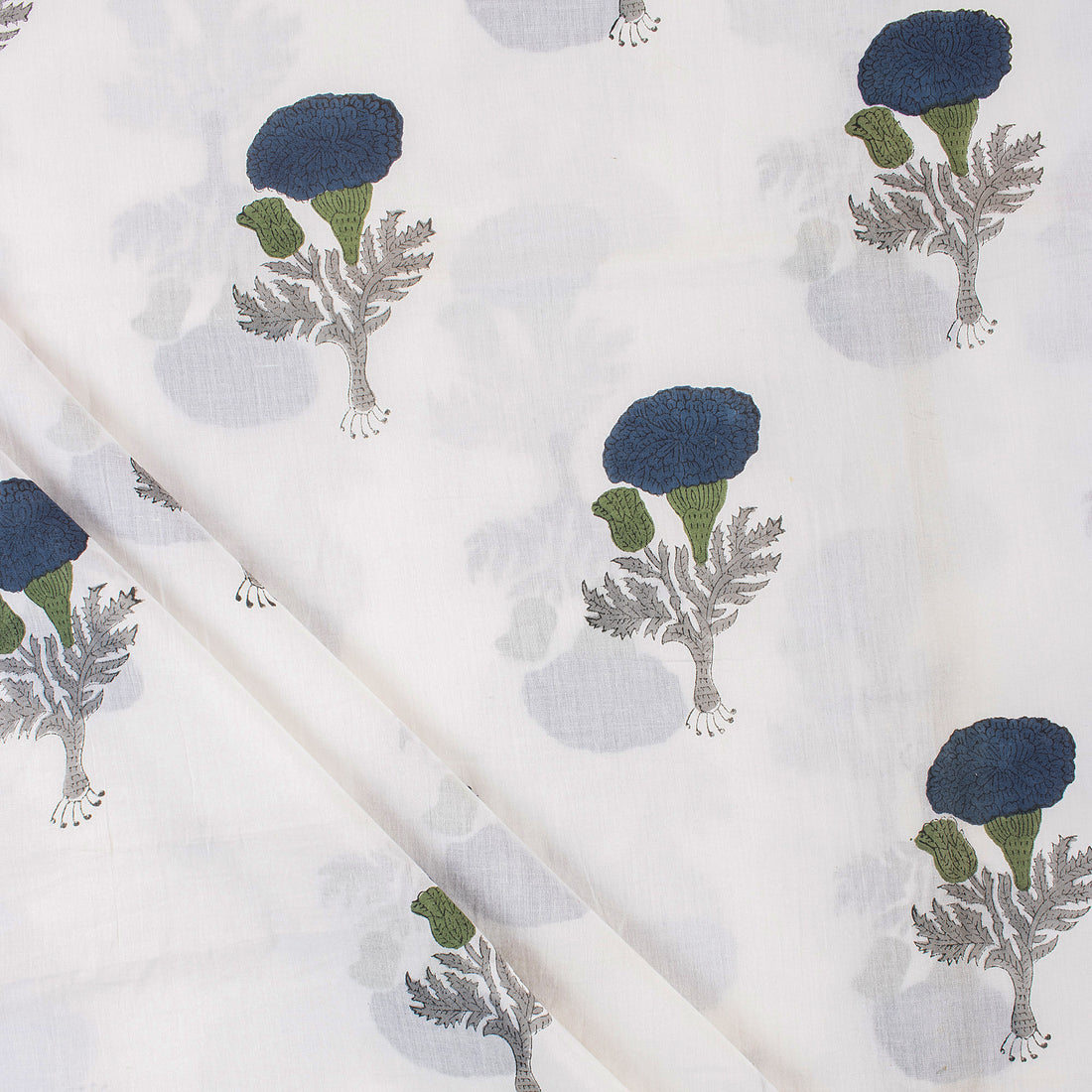 Blue Floral Hand Block Print Cotton Running Fabric