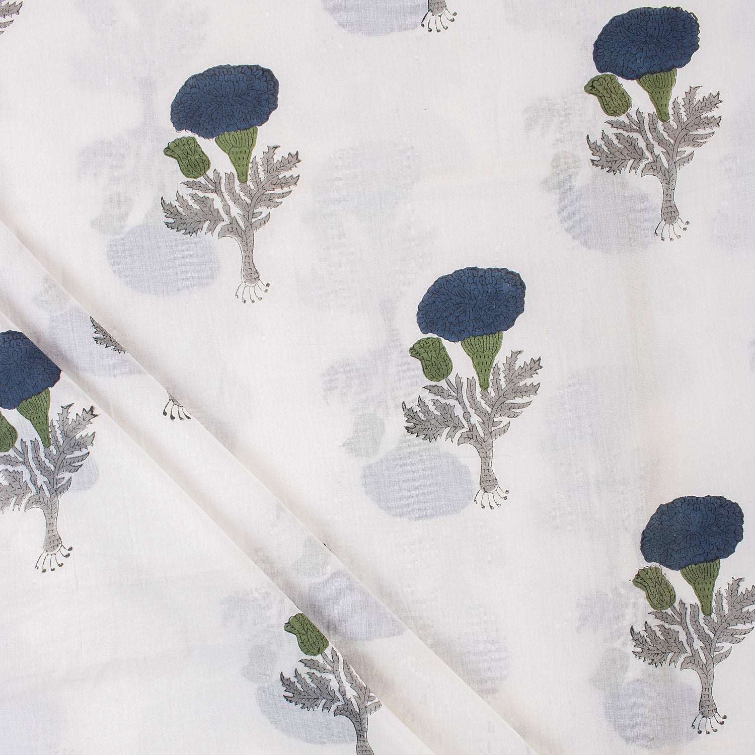 Blue Floral Hand Block Print Cotton Running Fabric