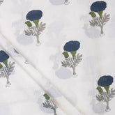 Blue Floral Hand Block Print Cotton Running Fabric