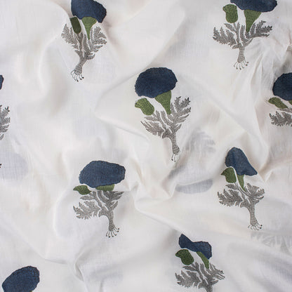 Blue Floral Hand Block Print Cotton Running Fabric