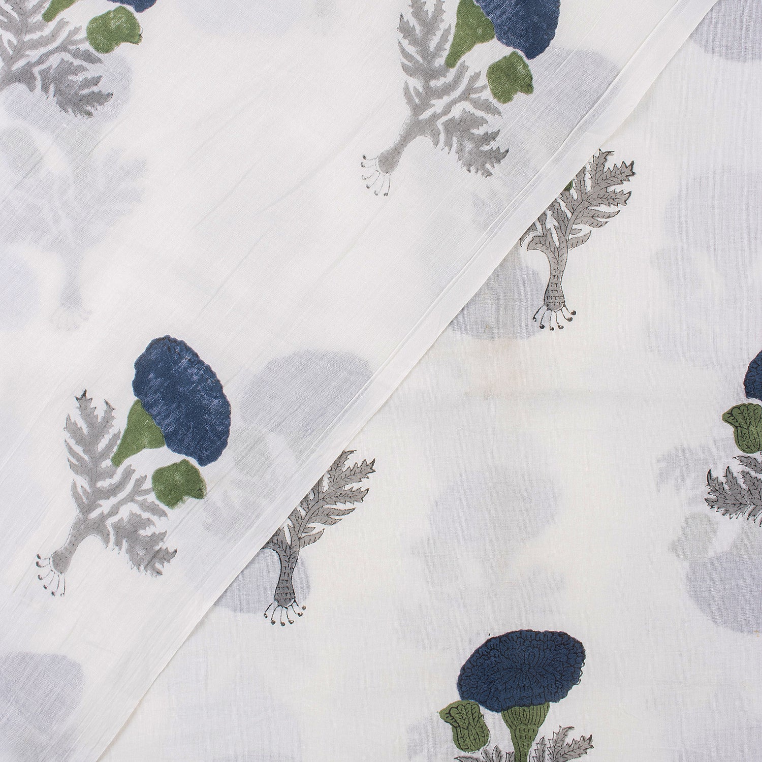 Blue Floral Hand Block Print Cotton Running Fabric
