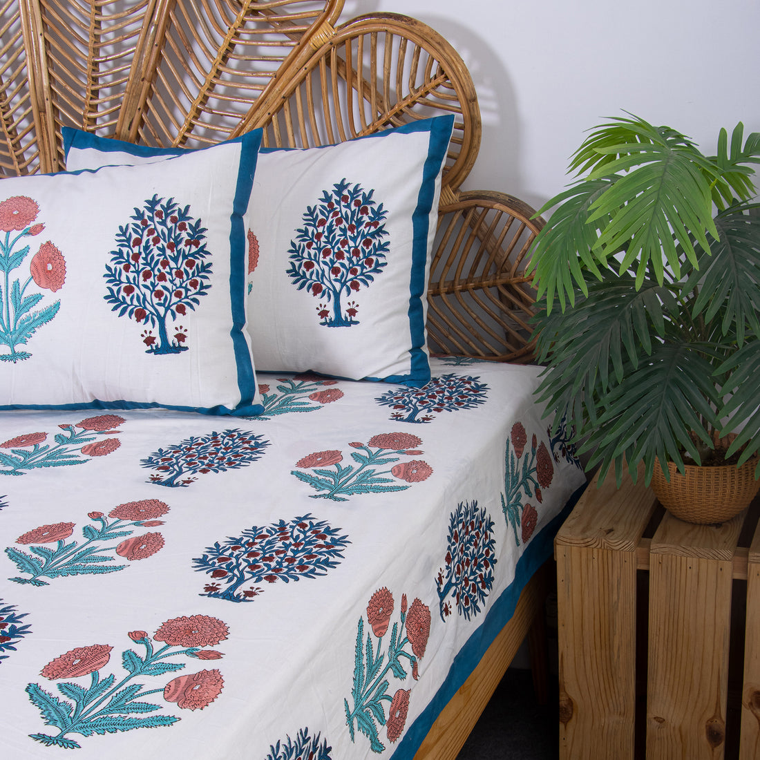 Blue Floral Hand Block Print Cotton Soft Bed Sheet
