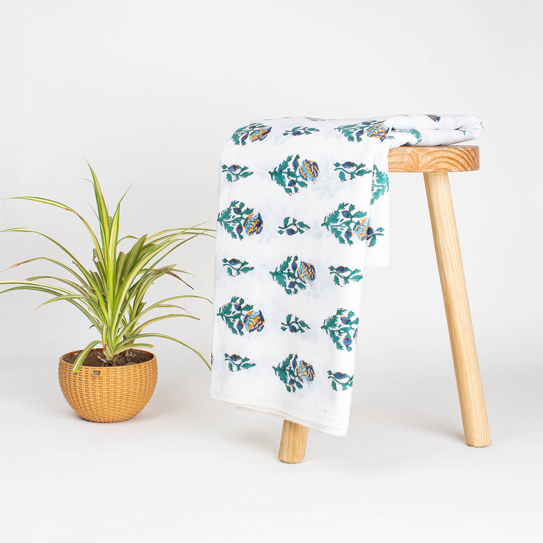 Blue Floral Hand Block Printed Cotton Running Fabric