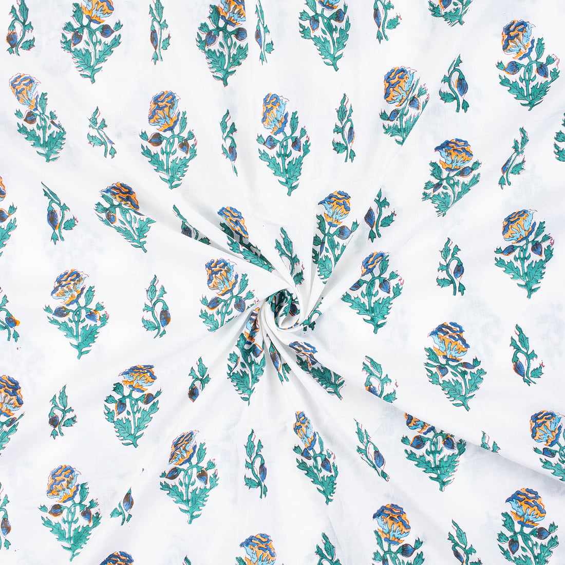 Blue Floral Hand Block Printed Cotton Running Fabric