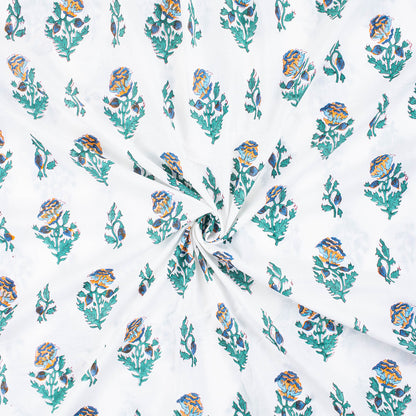 Blue Floral Hand Block Printed Cotton Running Fabric