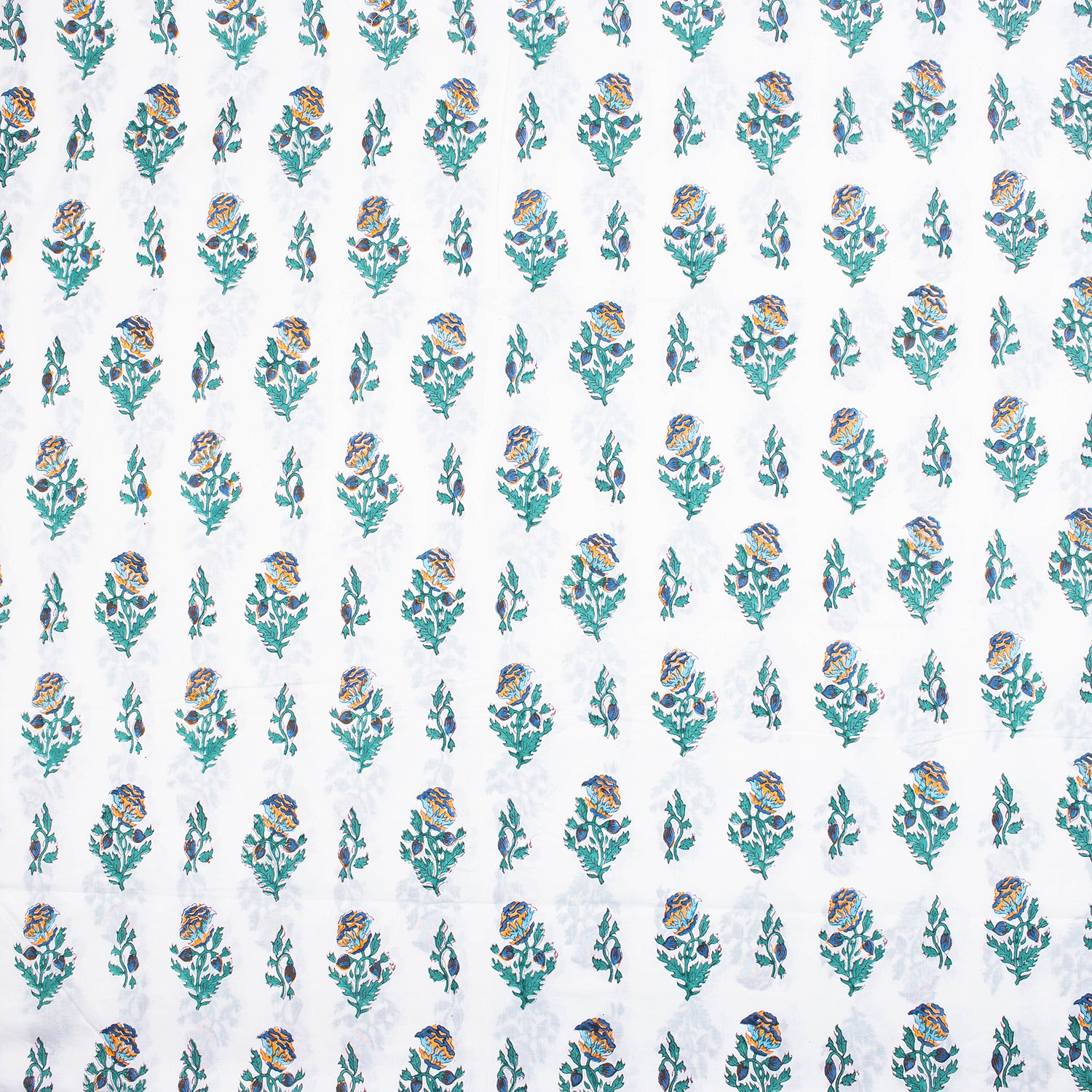 Blue Floral Hand Block Printed Cotton Running Fabric