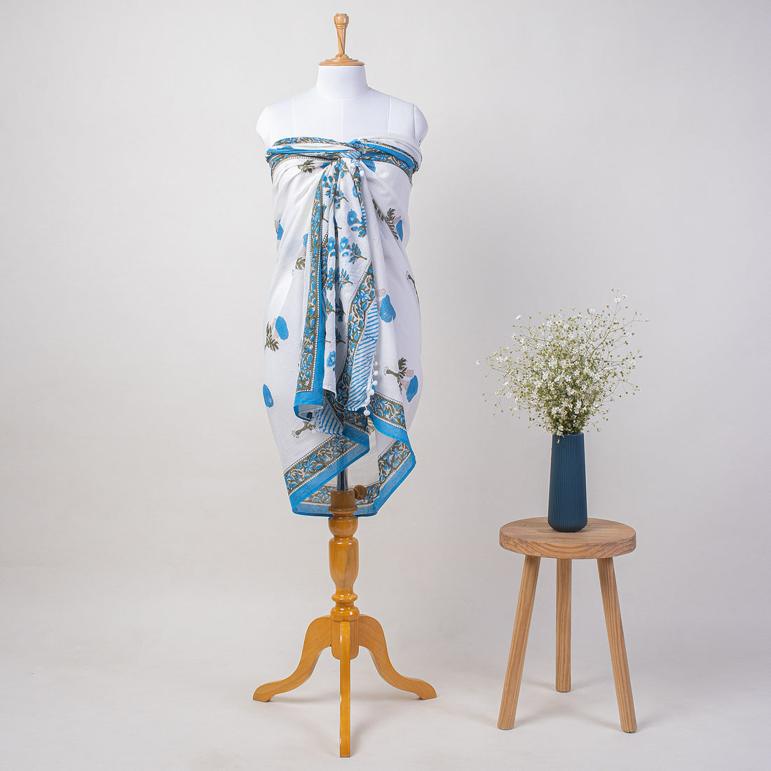 Blue Floral Hand Block Printed Cotton Sarong For Women