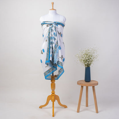 Blue Floral Hand Block Printed Cotton Sarong For Women