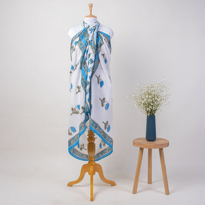 Blue Floral Hand Block Printed Cotton Sarong For Women