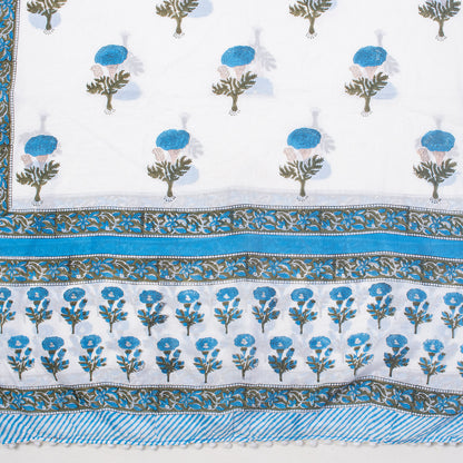 Blue Floral Hand Block Printed Cotton Sarong For Women