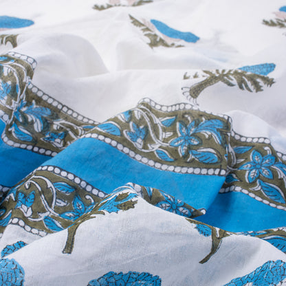 Blue Floral Hand Block Printed Cotton Sarong For Women