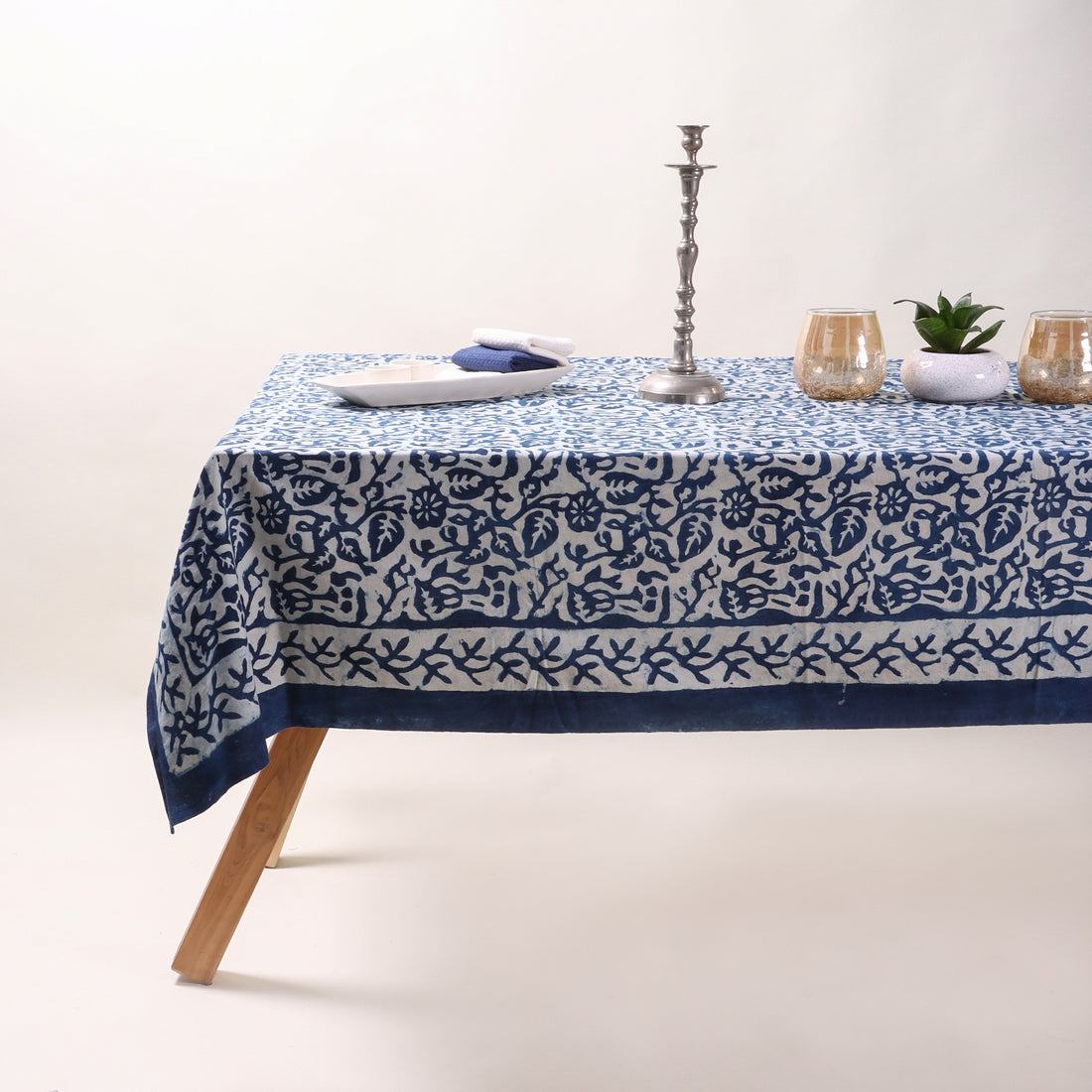 Blue Floral Hand Block Printed Cotton Table Covercloth