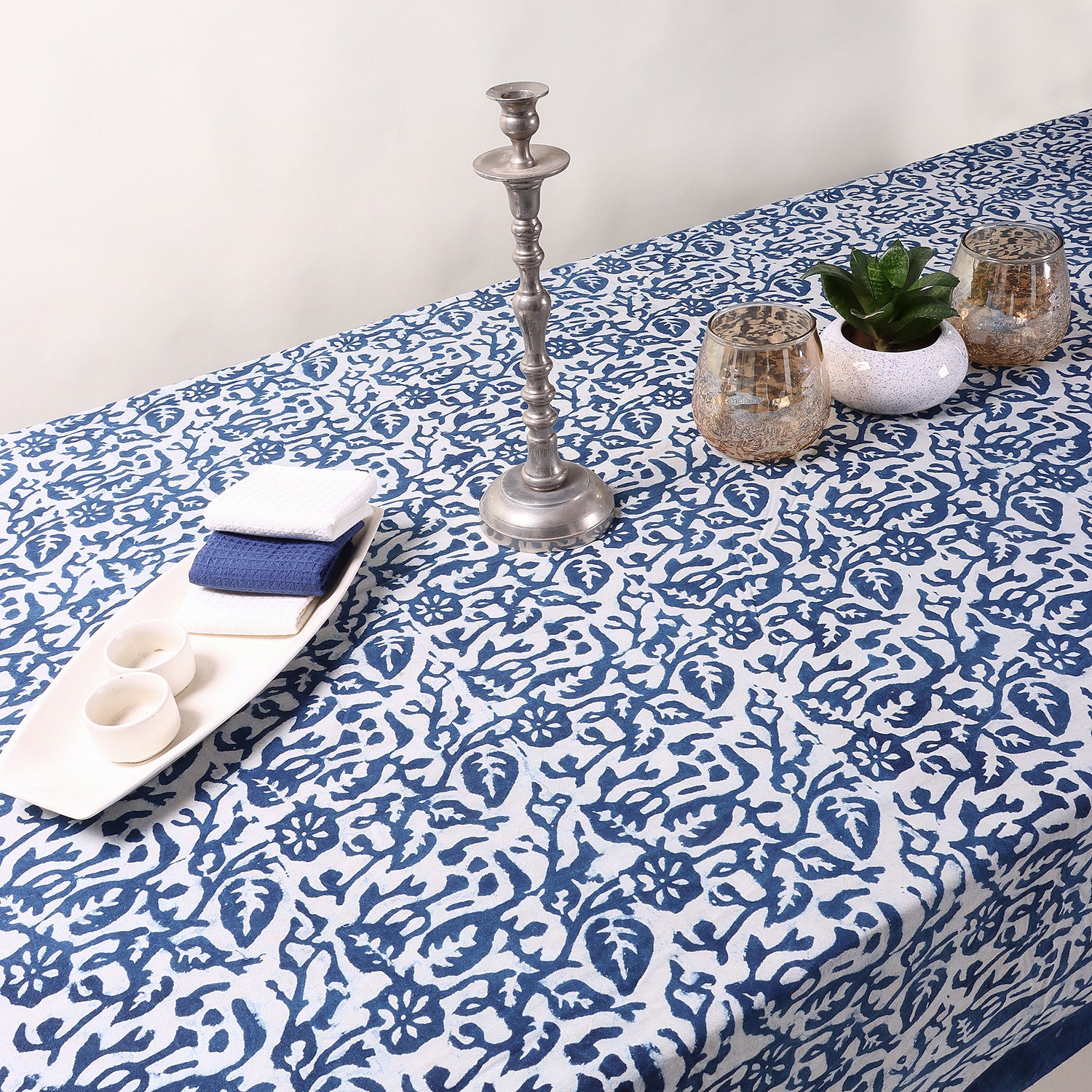 Blue Floral Hand Block Printed Cotton Table Covercloth