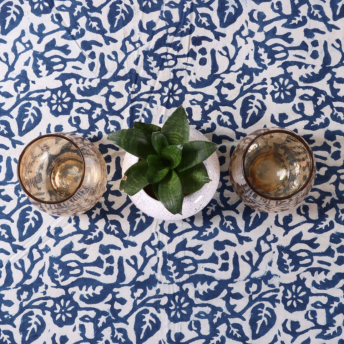 Blue Floral Hand Block Printed Cotton Table Covercloth
