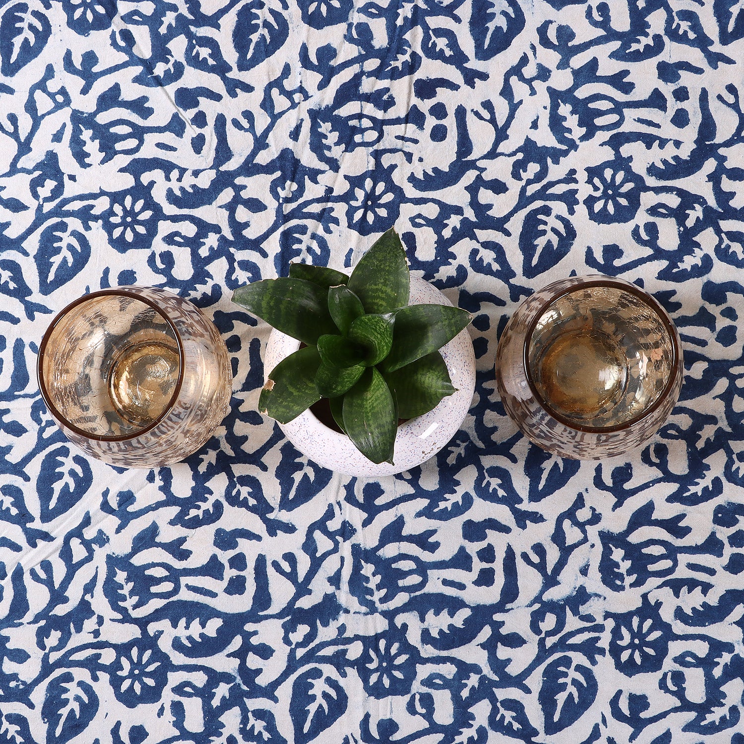 Blue Floral Hand Block Printed Cotton Table Covercloth