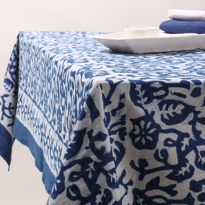 Blue Floral Hand Block Printed Cotton Table Covercloth