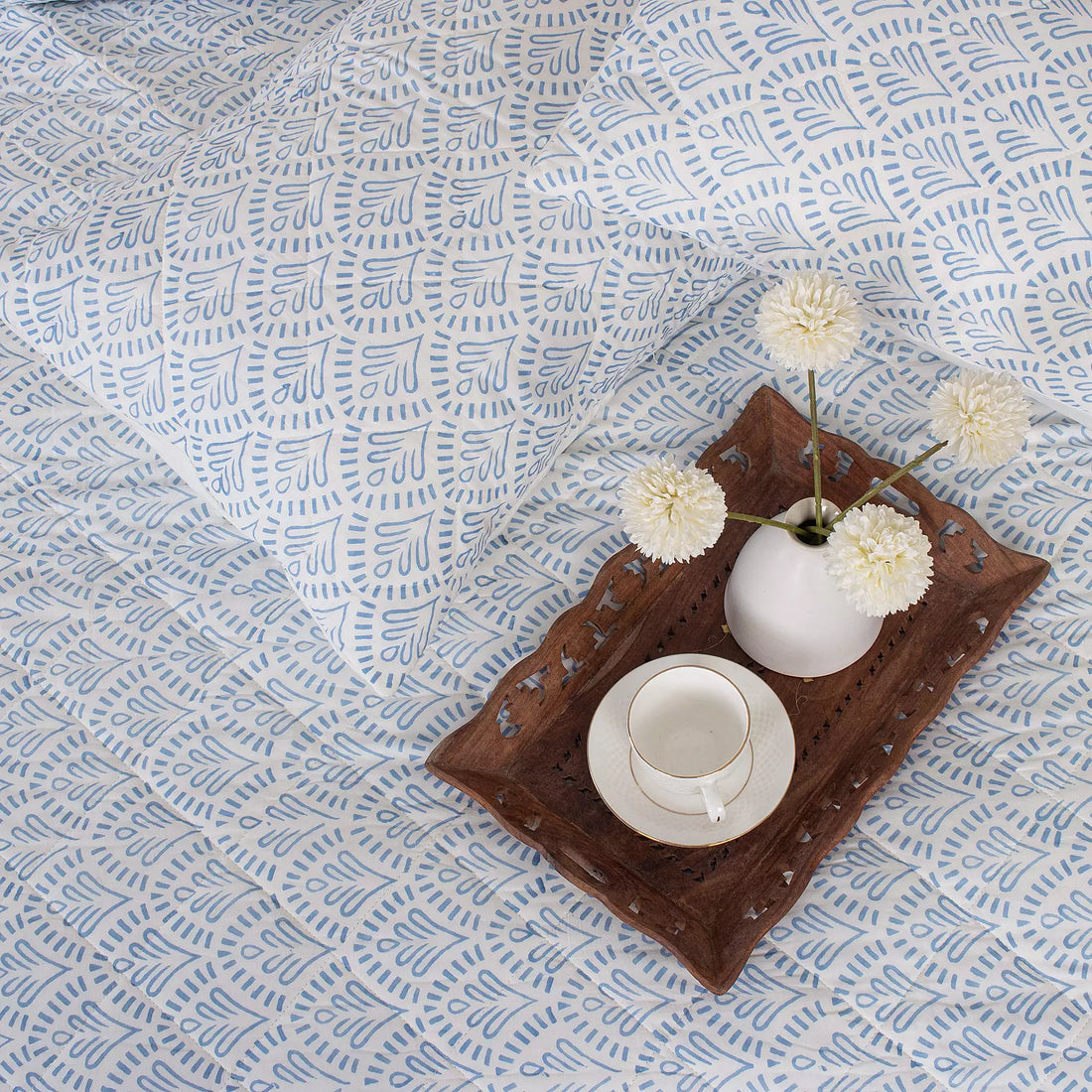 Blue Floral Hand Block Printed Machine Quilts Best Cotton Blanket