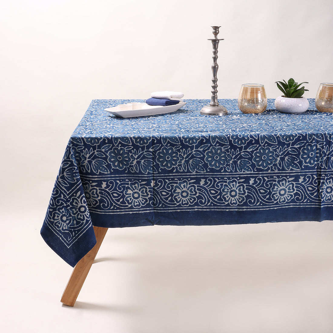 Blue Floral Handcrafted Block Printed Cotton Dining Tablecloth