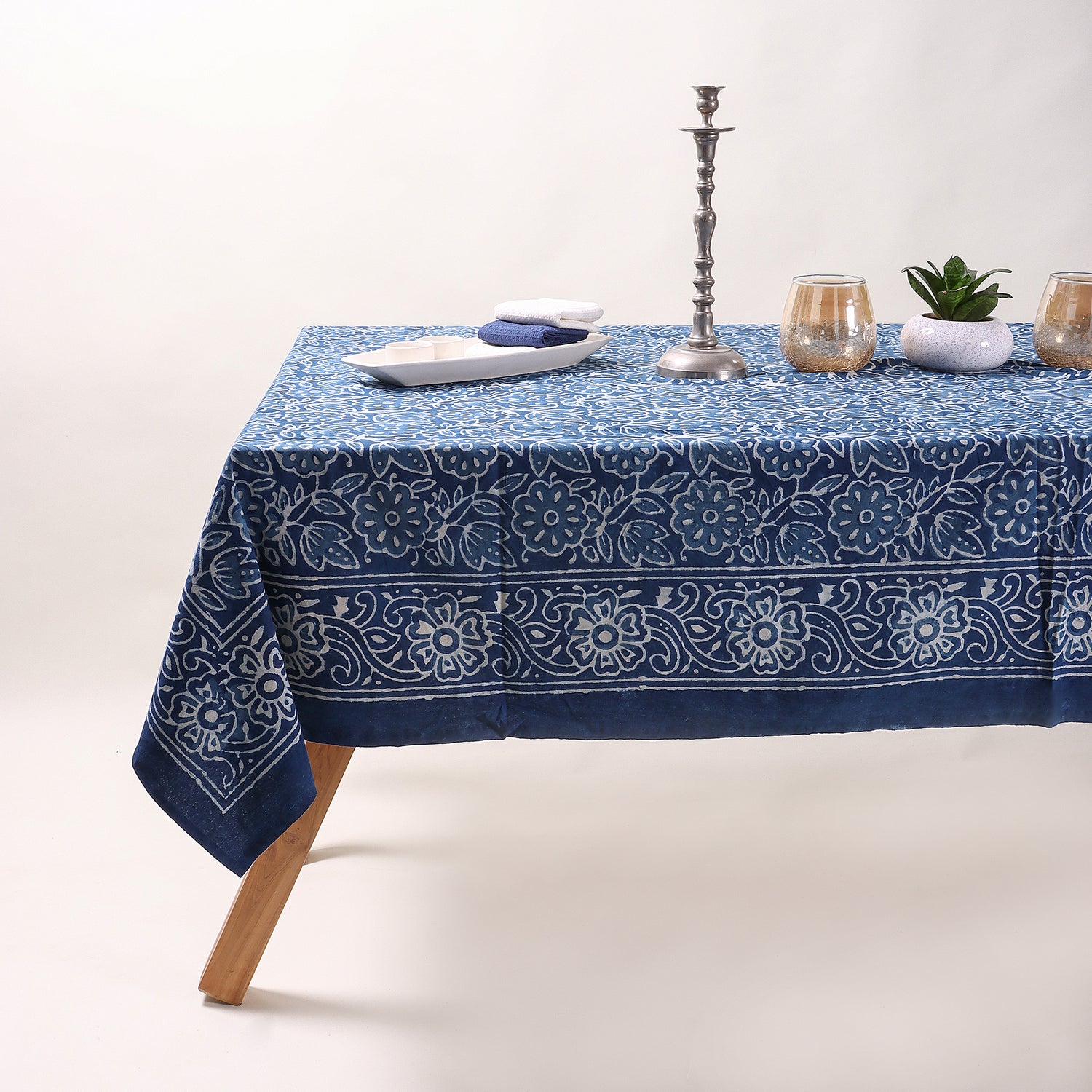 Blue Floral Handcrafted Block Printed Cotton Dining Tablecloth