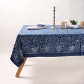 Blue Floral Handcrafted Block Printed Cotton Dining Tablecloth