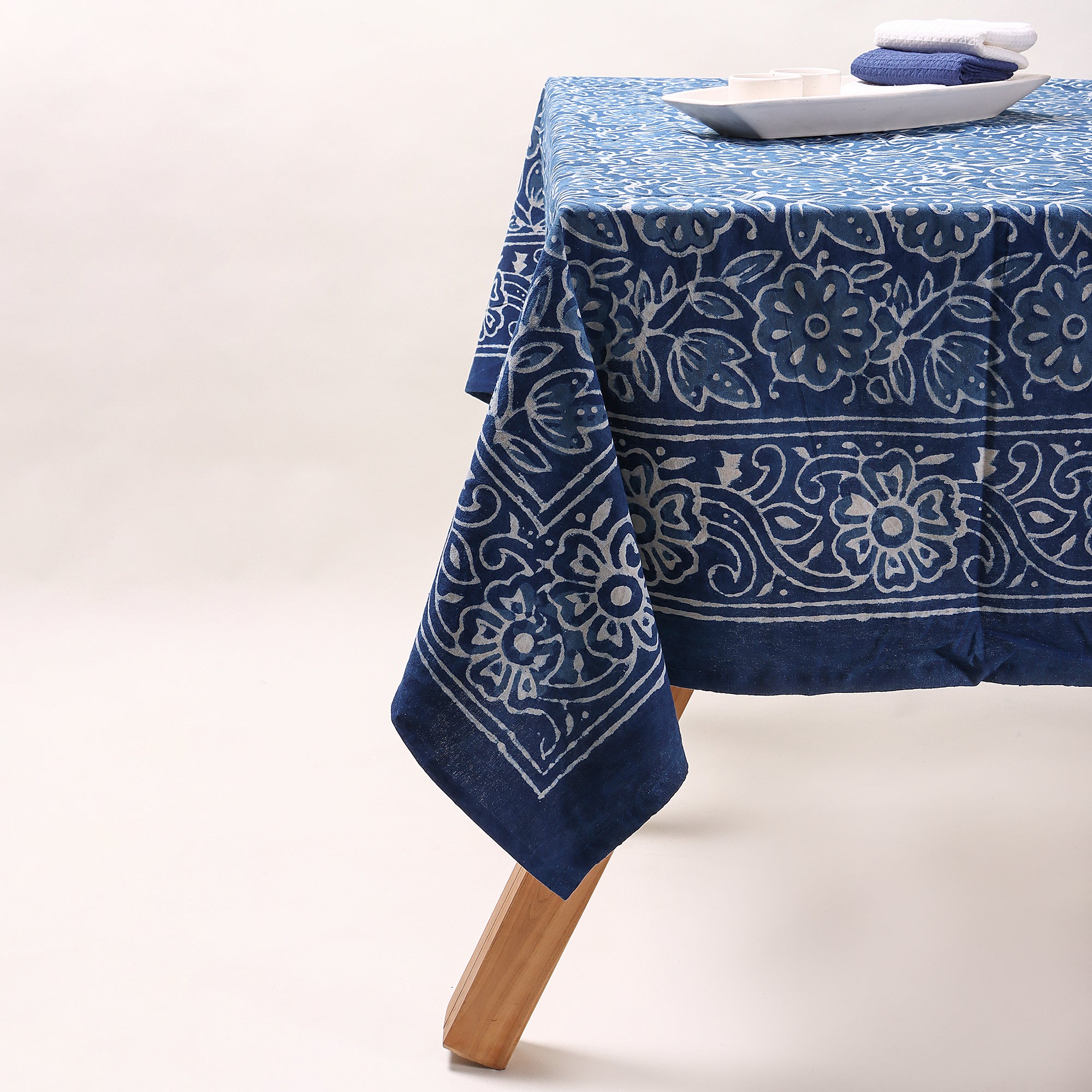 Blue Floral Handcrafted Block Printed Cotton Dining Tablecloth