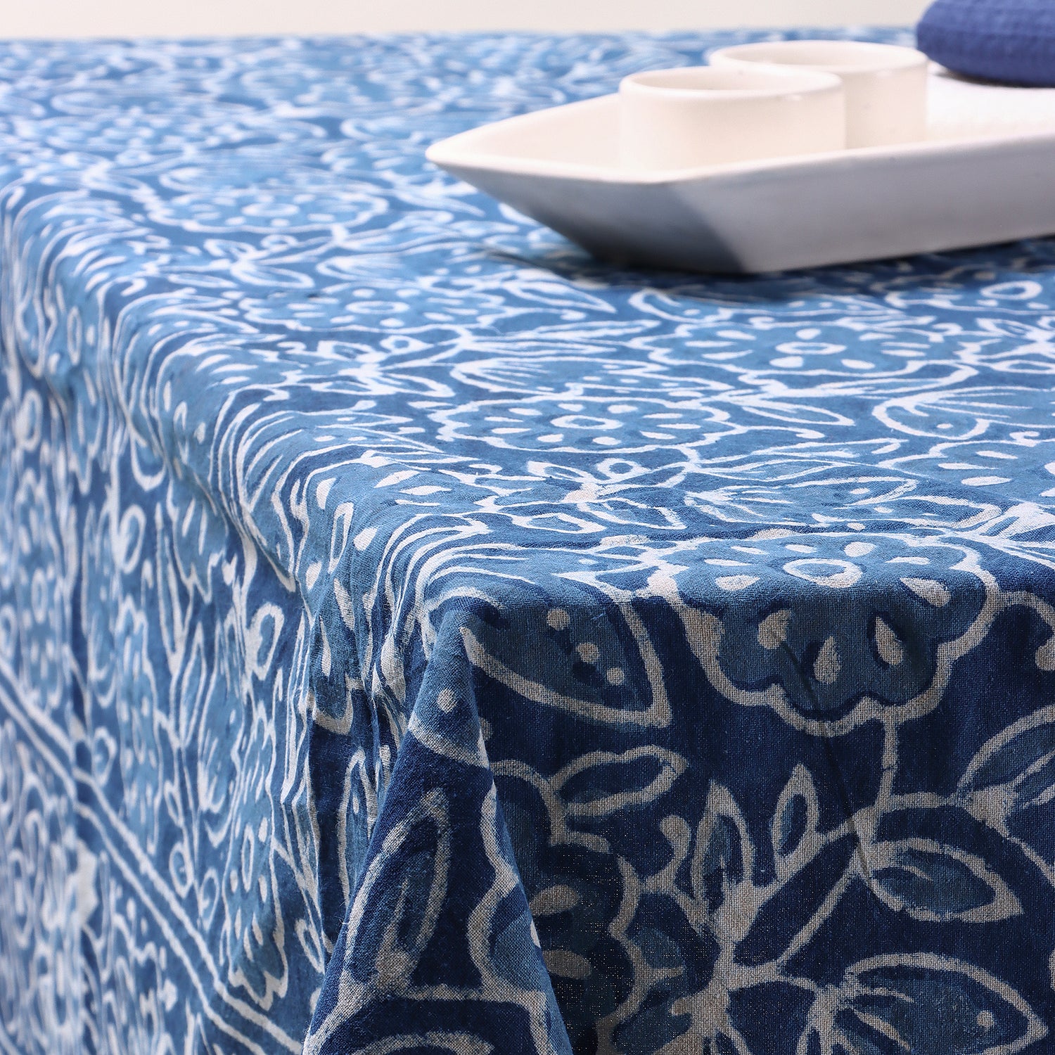 Blue Floral Handcrafted Block Printed Cotton Dining Tablecloth