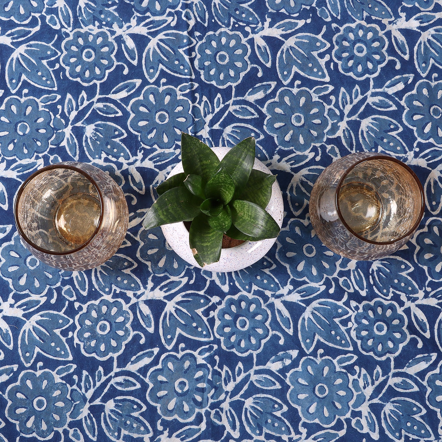 Blue Floral Handcrafted Block Printed Cotton Dining Tablecloth