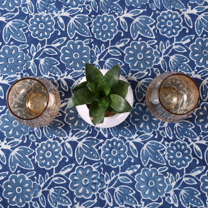 Blue Floral Handcrafted Block Printed Cotton Dining Tablecloth
