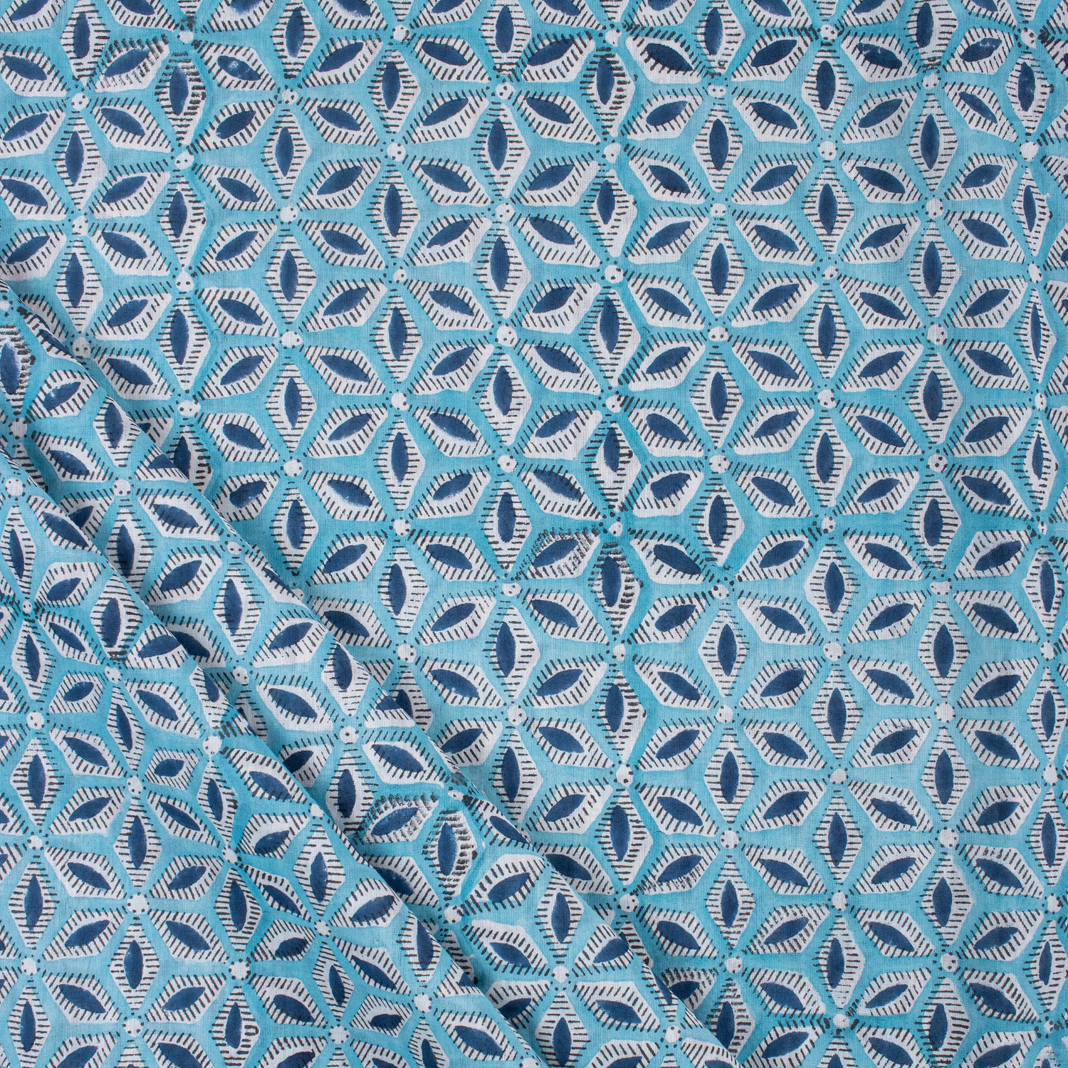 Blue Floral Indian Block Print Fabric