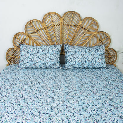 Blue Floral Indian Hand Block Print Pure Cotton Bedsheet