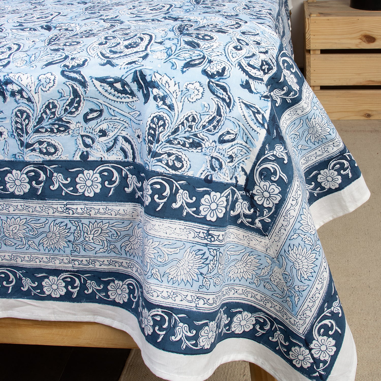 Blue Floral Indian Hand Block Print Pure Cotton Bedsheet