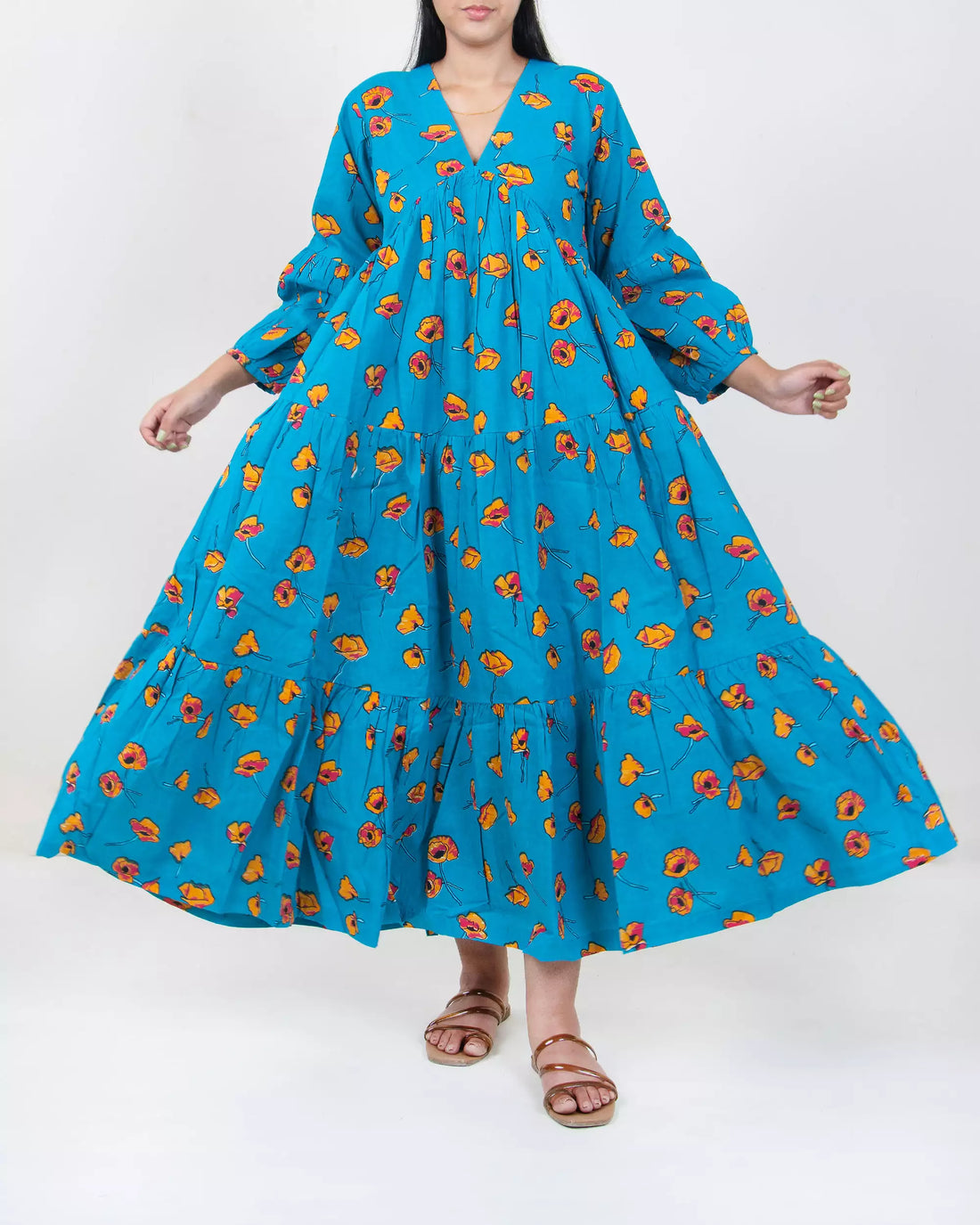 Blue Floral Maxi Dress Hand Block Printed In India