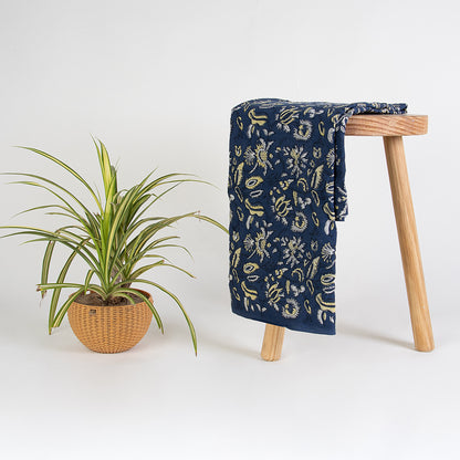 Blue Floral Pure Cotton Hand Block Print Dabu Fabric
