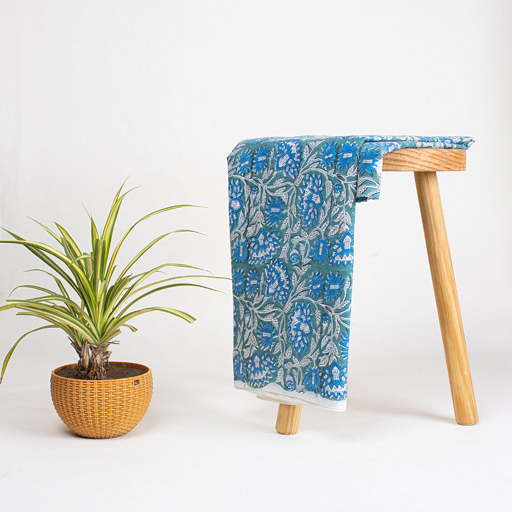 Blue Floral Pure Cotton Hand Block Printed Fabric